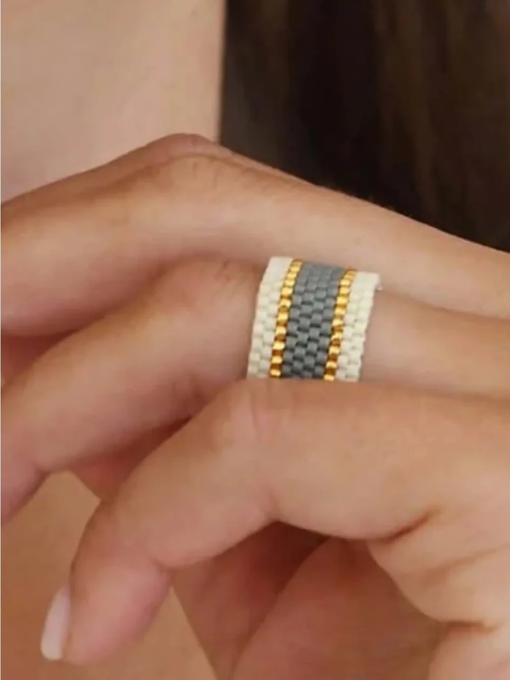 Maasai Beaded Ring Wide – Cream Grey & Gold Handmade woven mesh ring NEW